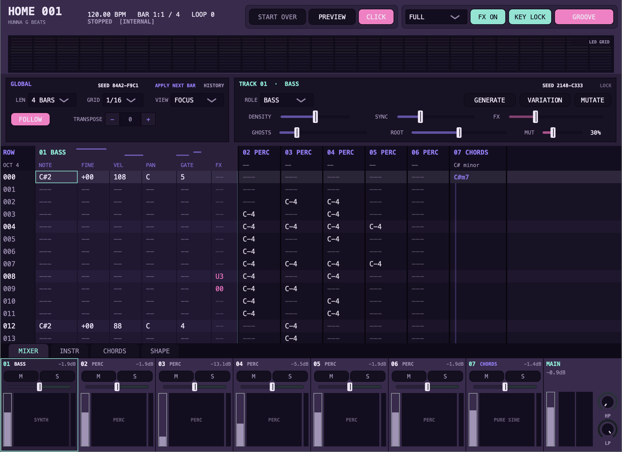 HOME 001 interface showing the tracker, generation controls, chord lane, and mixer