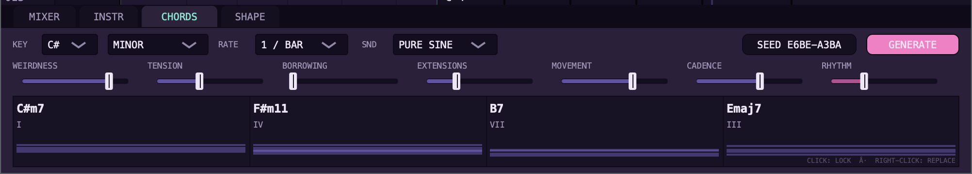 HOME 001 chords tab with key, mode, harmonic macros and chord timeline